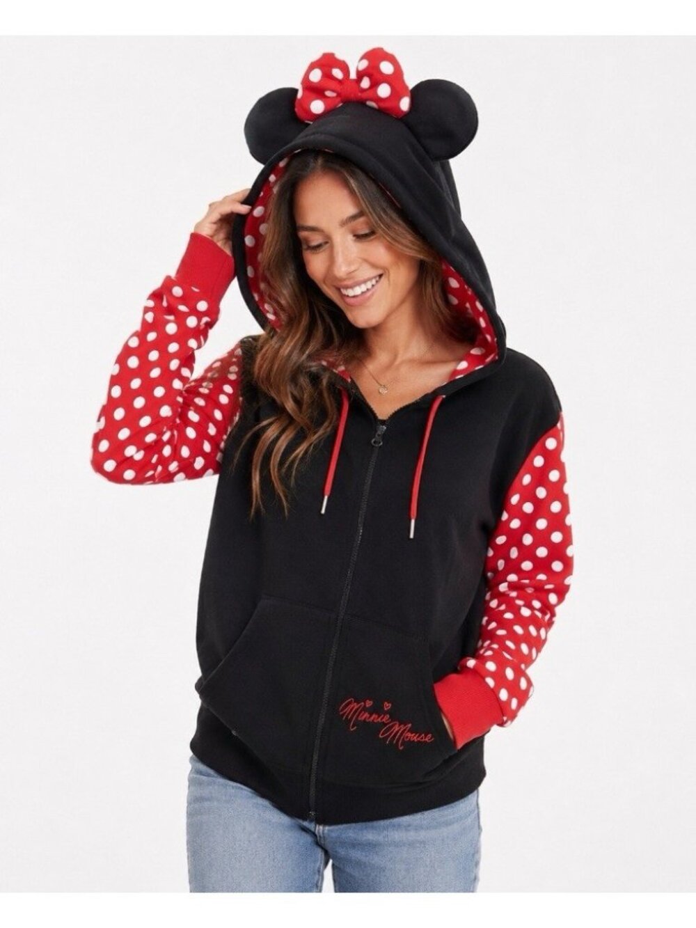 Disney Parks Minnie Mouse Hoodie Sweatshirt L Black Embroidered Full Zip Ears